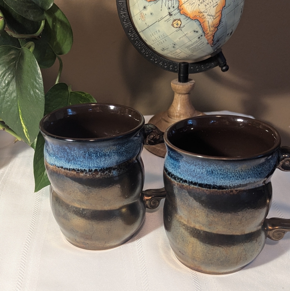 Roscher Artisan Stoneware Mugs - Metallic Bronze And Blue Drip Glaze.